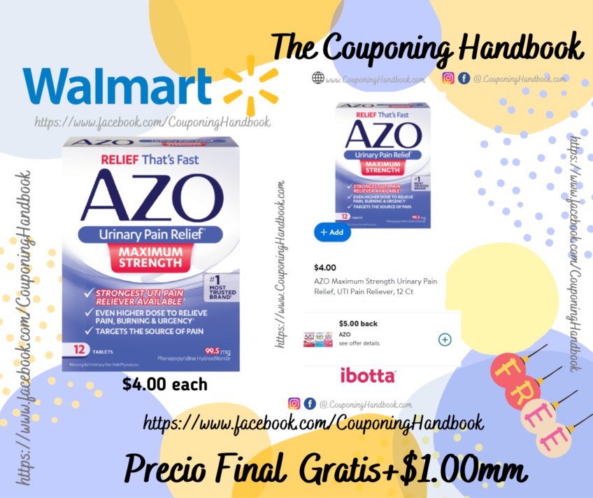 AZO Maximum Strength Urinary Pain Relief, UTI Pain Reliever, 12 Ct Gratis en Walmart