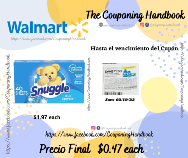 Snuggle Fabric Softener Dryer Sheets, Blue Sparkle, 40 Count a $0.47 en Walmart