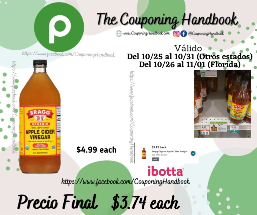 Bragg Apple Cider Vinegar, Organic 32 fl oz (1 qt) 946 ml por $3.74