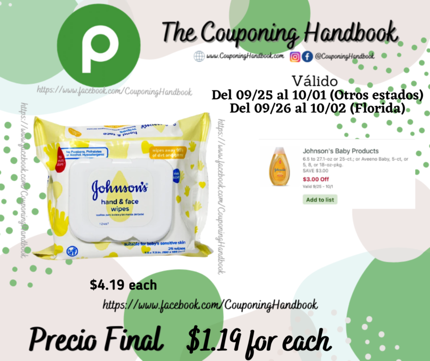 Johnson’s Wipes, Hand & Face por $1.19