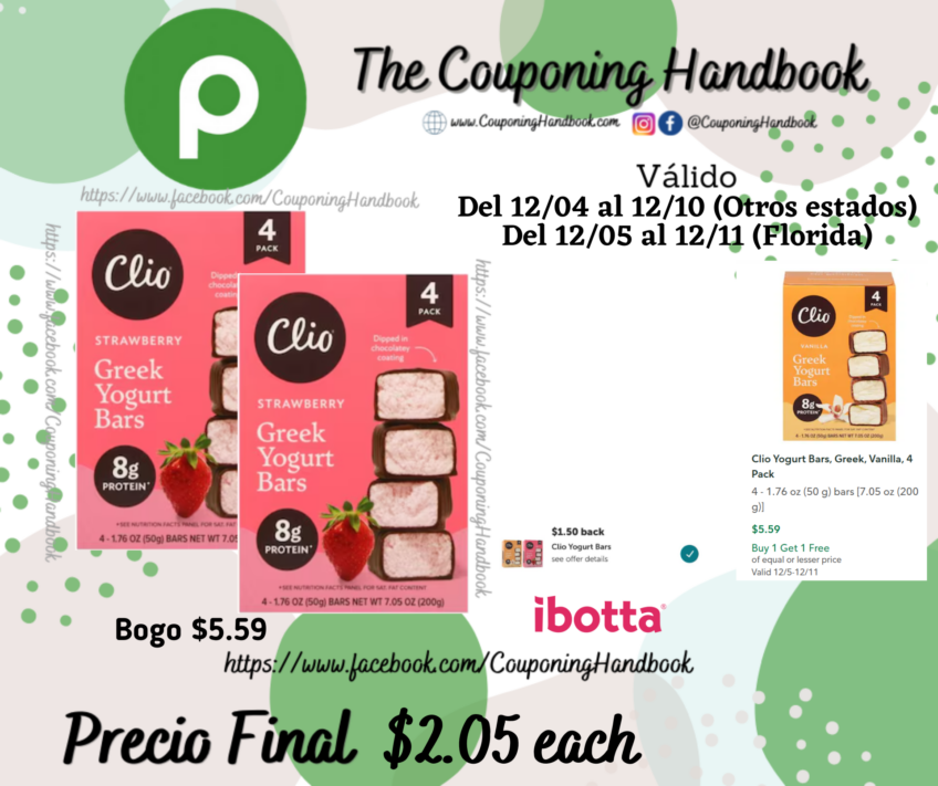 Clio Yogurt Bars, Greek 4 Pack por $2.05