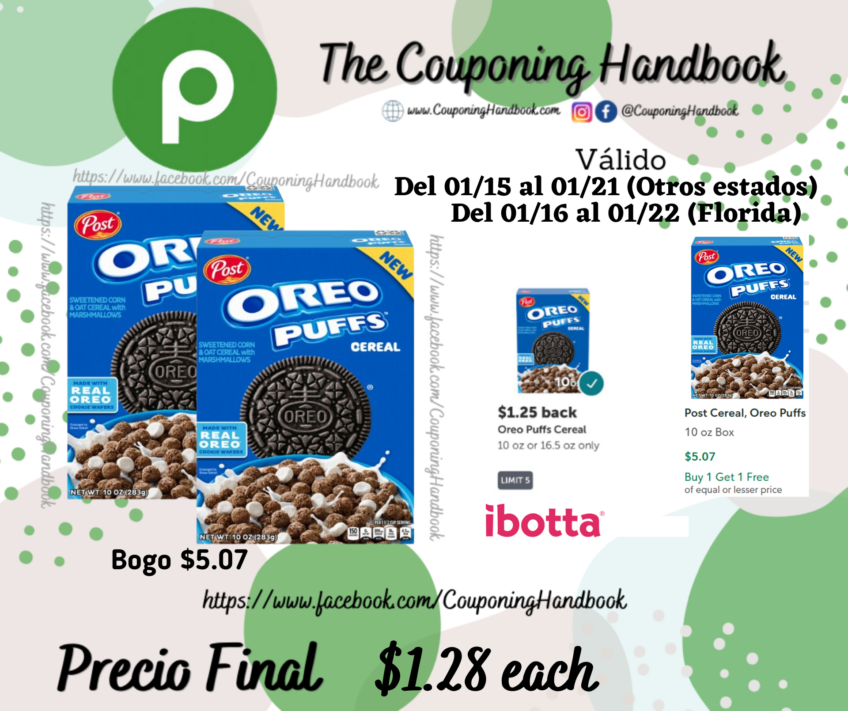 Post Cereal, Oreo Puffs por $1.28